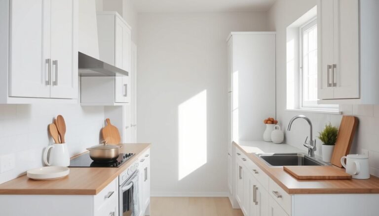 Small kitchen with light color scheme making it appear larger