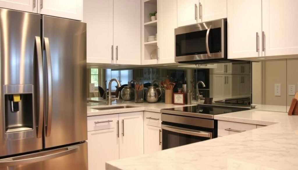 Small kitchen with mirrored backsplash creating illusion of more space Small kitchen with mirrored backsplash creating illusion of more space