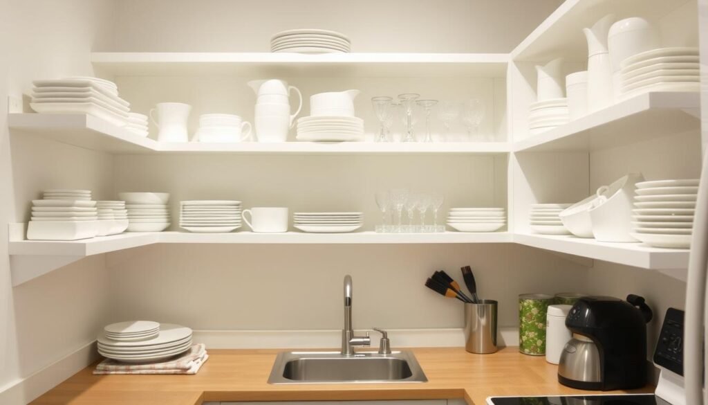 Small kitchen with open shelving displaying organized dishes and glassware Small kitchen with open shelving displaying organized dishes and glassware