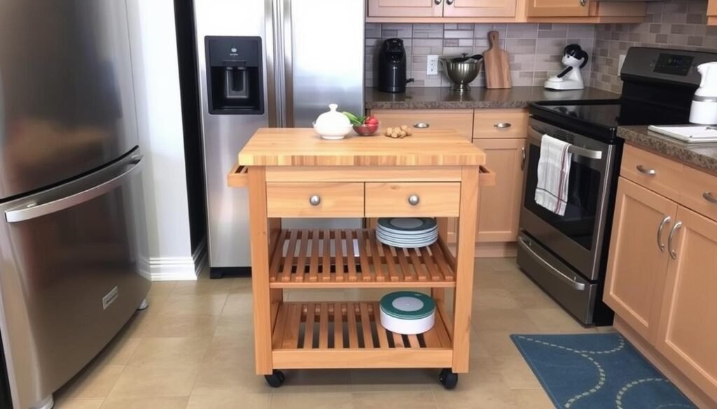 Small kitchen with rolling island cart that provides extra counter space and storage Small kitchen with rolling island cart that provides extra counter space and storage