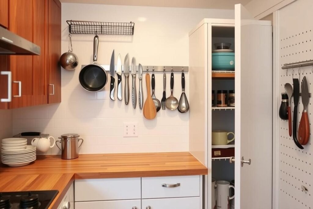 Small kitchen with vertical storage solutions and hanging pot rack Small kitchen with vertical storage solutions and hanging pot rack