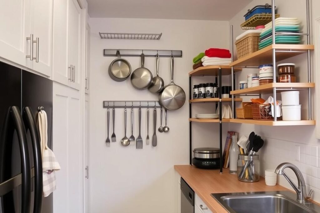 Small kitchen with vertical storage solutions including tall cabinets and wall-mounted organizers Small kitchen with vertical storage solutions including tall cabinets and wall-mounted organizers