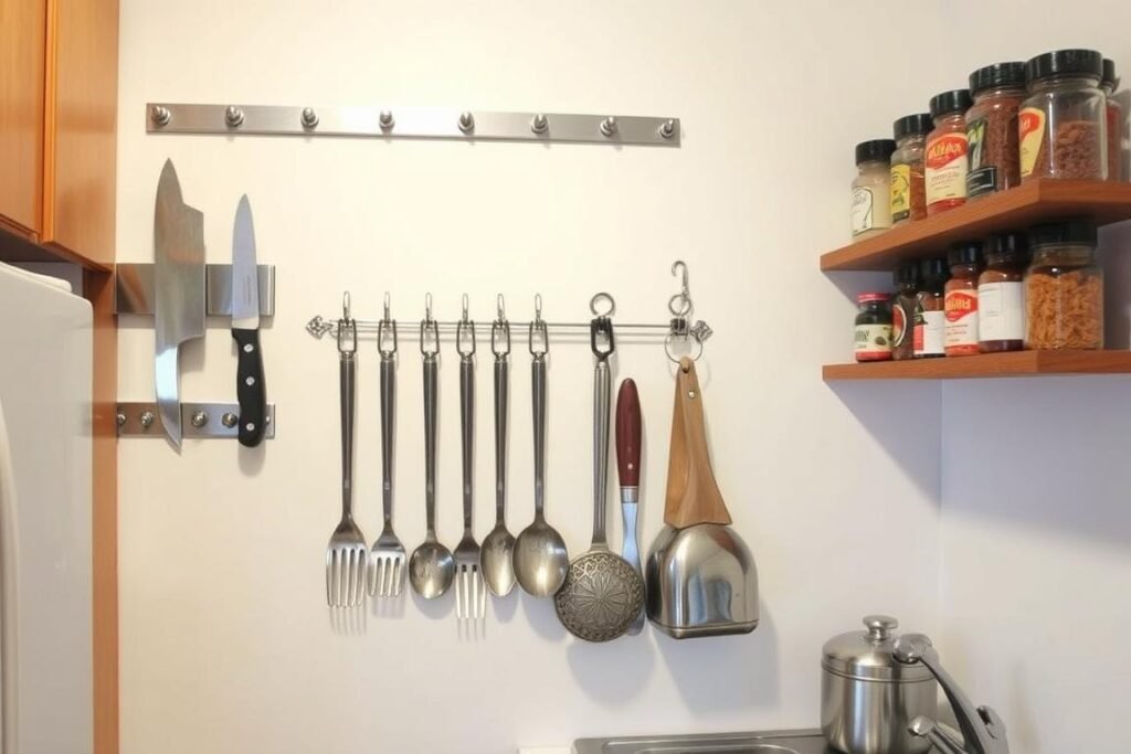Small kitchen with wall-mounted storage systems and magnetic strips Small kitchen with wall-mounted storage systems and magnetic strips