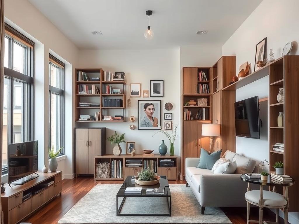 Small living room utilizing vertical space with tall bookcases and wall-mounted storage Small living room utilizing vertical space with tall bookcases and wall-mounted storage