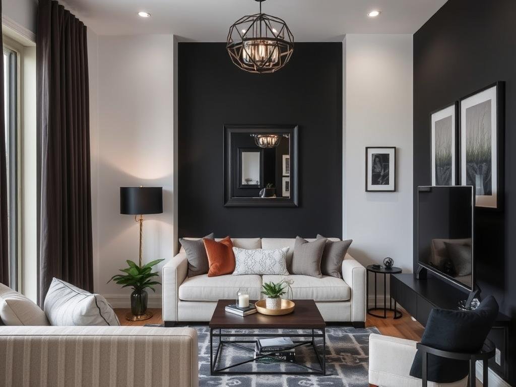Small living room with strategic black elements that create depth Small living room with strategic black elements that create depth