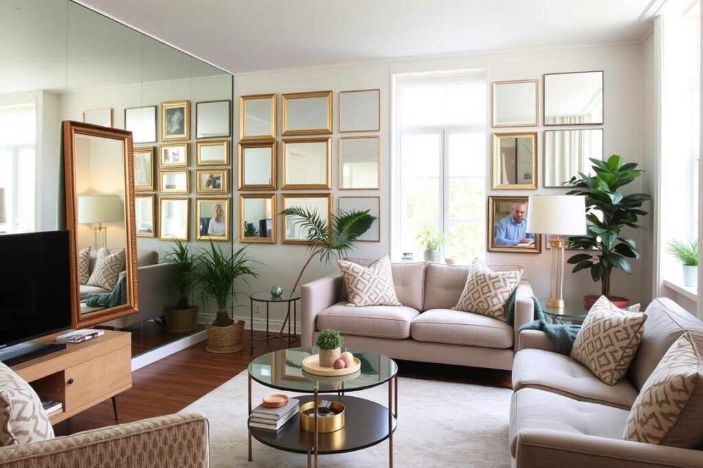 Small living room with strategically placed mirrors to create illusion of more space Small living room with strategically placed mirrors to create illusion of more space