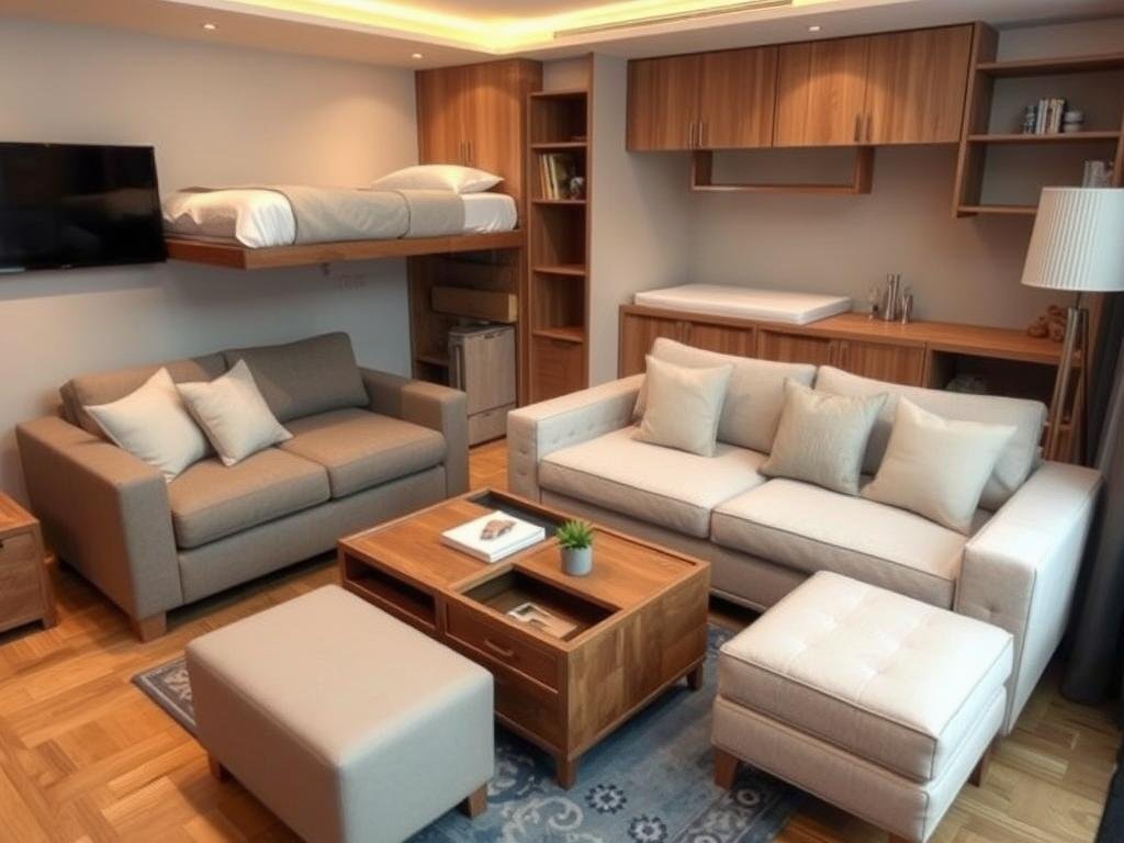 Small living space with multi-functional furniture pieces