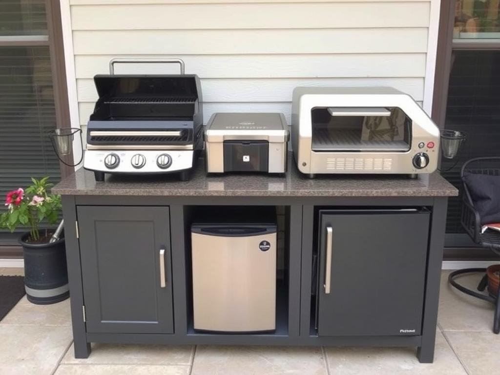 Small outdoor kitchen using portable countertop appliances instead of built-in options