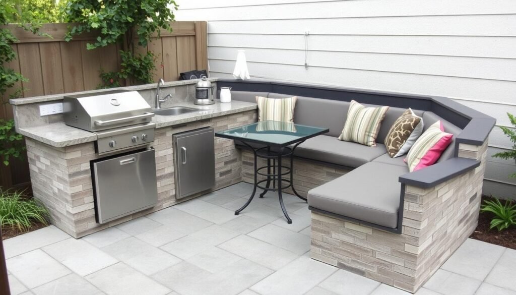 Small outdoor kitchen with integrated bench seating to save space