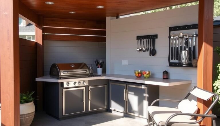 Small outdoor kitchen with multi-functional furniture and vertical storage solutions