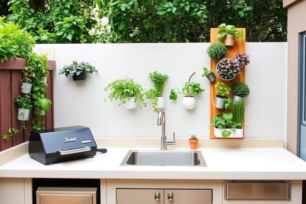 Small outdoor kitchen with vertical herb garden integrated into the design