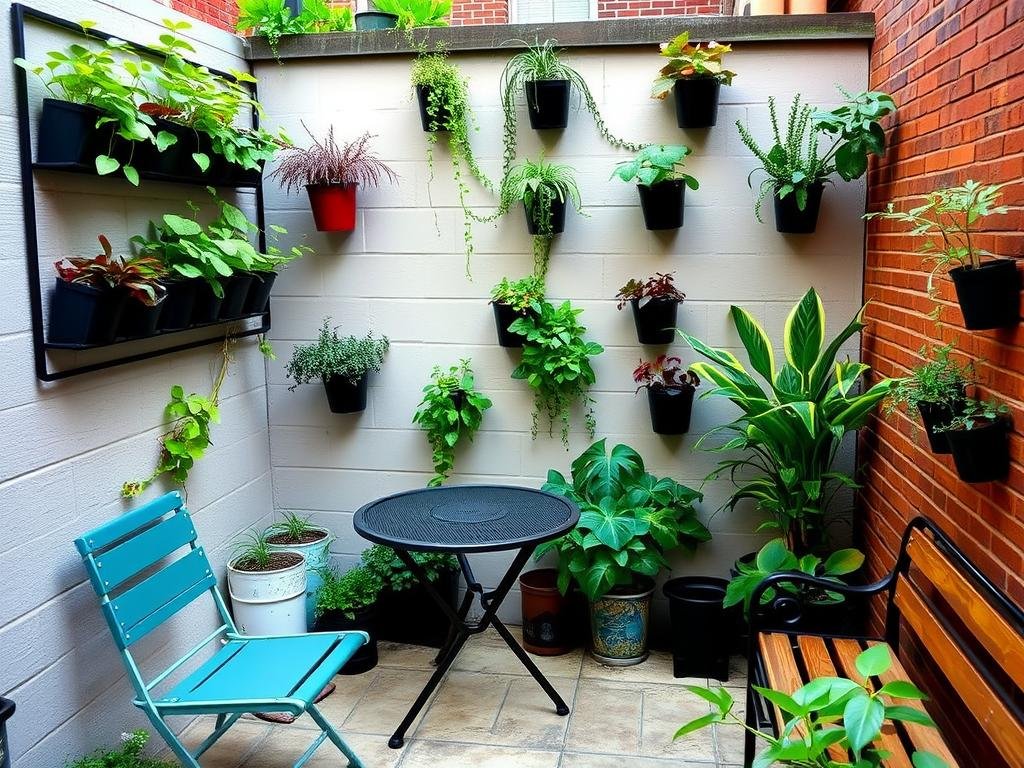 Small patio with vertical garden and space-saving furniture