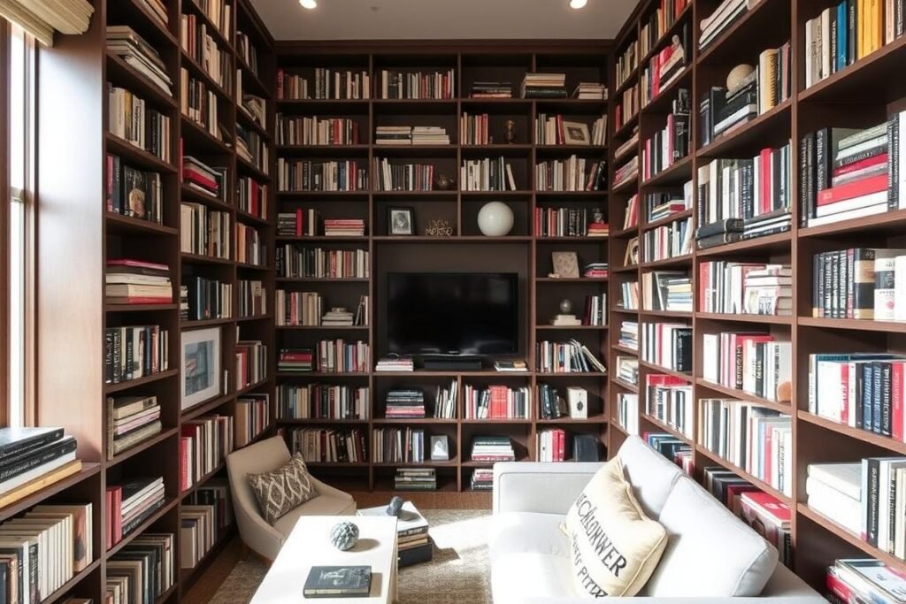 Small room utilizing vertical space with tall bookshelves