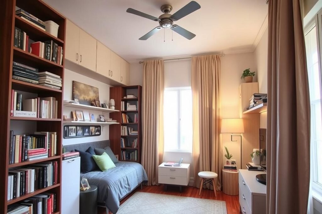 Small room utilizing vertical space with tall shelving, wall-mounted storage, and high curtains Small room utilizing vertical space with tall shelving, wall-mounted storage, and high curtains