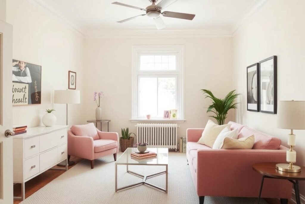 Small room with limited color palette creating visual continuity and sense of space Small room with limited color palette creating visual continuity and sense of space