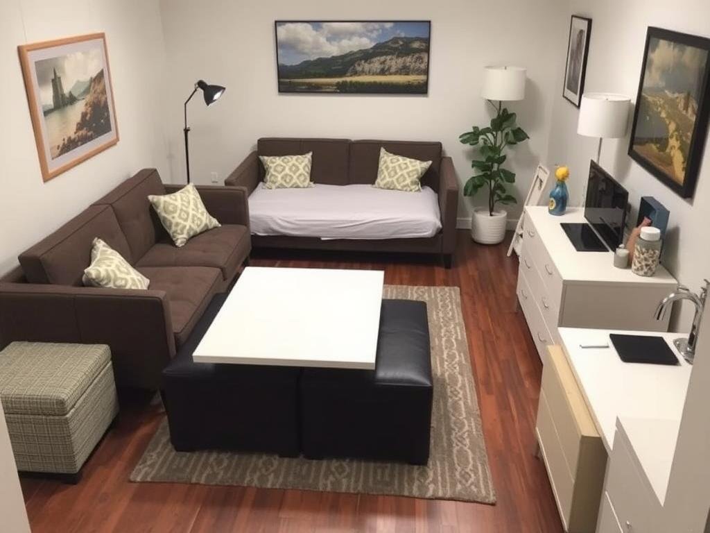 Small space with furniture that serves multiple purposes like sofa beds, extendable tables, or storage ottomans Small space with furniture that serves multiple purposes like sofa beds, extendable tables, or storage ottomans