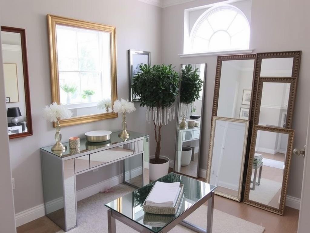 Small space with strategically placed mirrors to reflect light and create illusion of space Small space with strategically placed mirrors to reflect light and create illusion of space