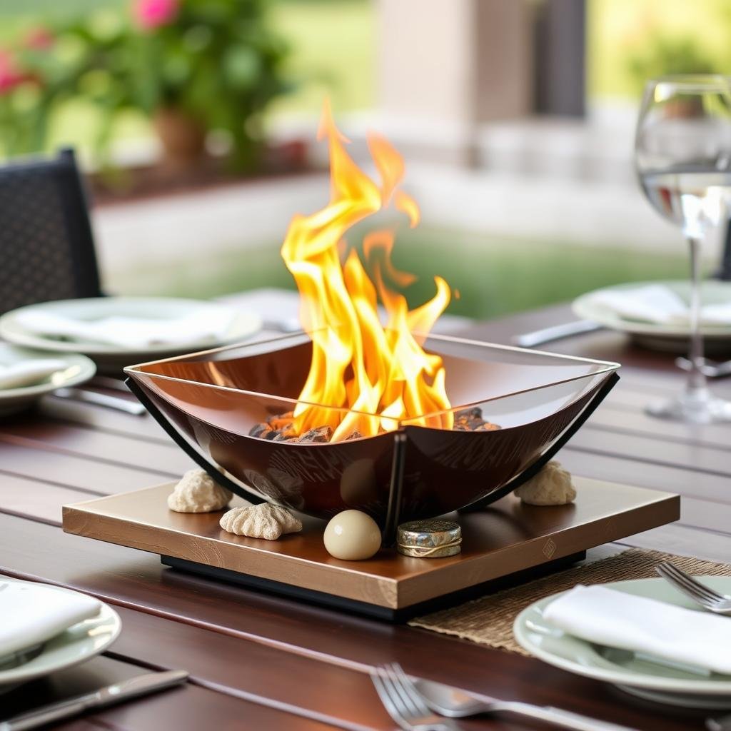 Small tabletop fire bowl on outdoor dining table