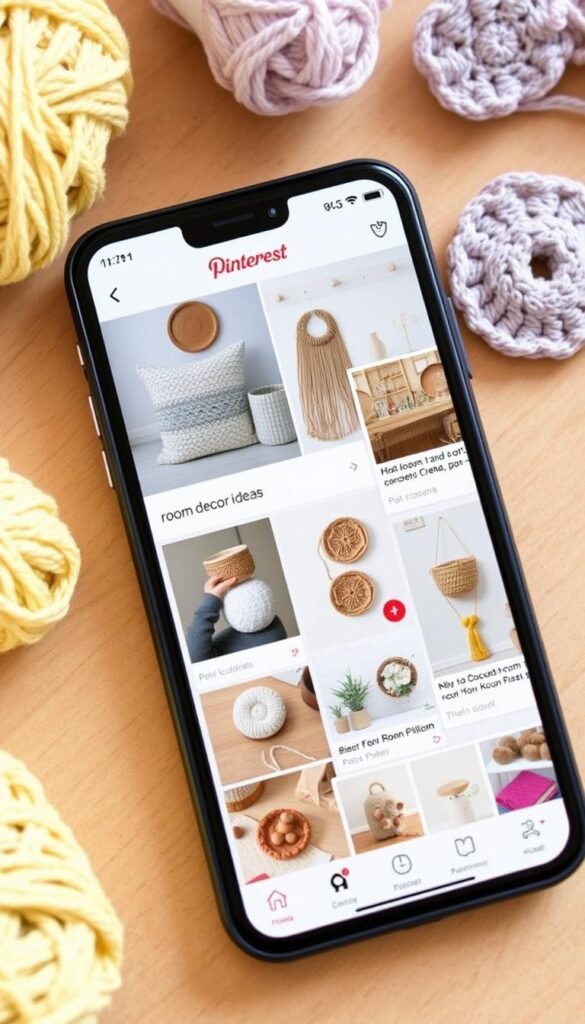 Smartphone displaying a Pinterest board of crochet room decor ideas Smartphone displaying a Pinterest board of crochet room decor ideas