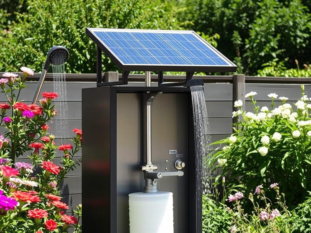 Solar outdoor shower with black heating panel in sunny garden location