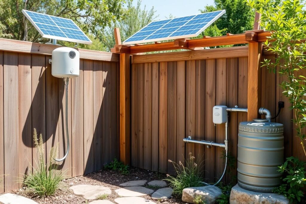 Solar-powered outdoor shower with rainwater collection system