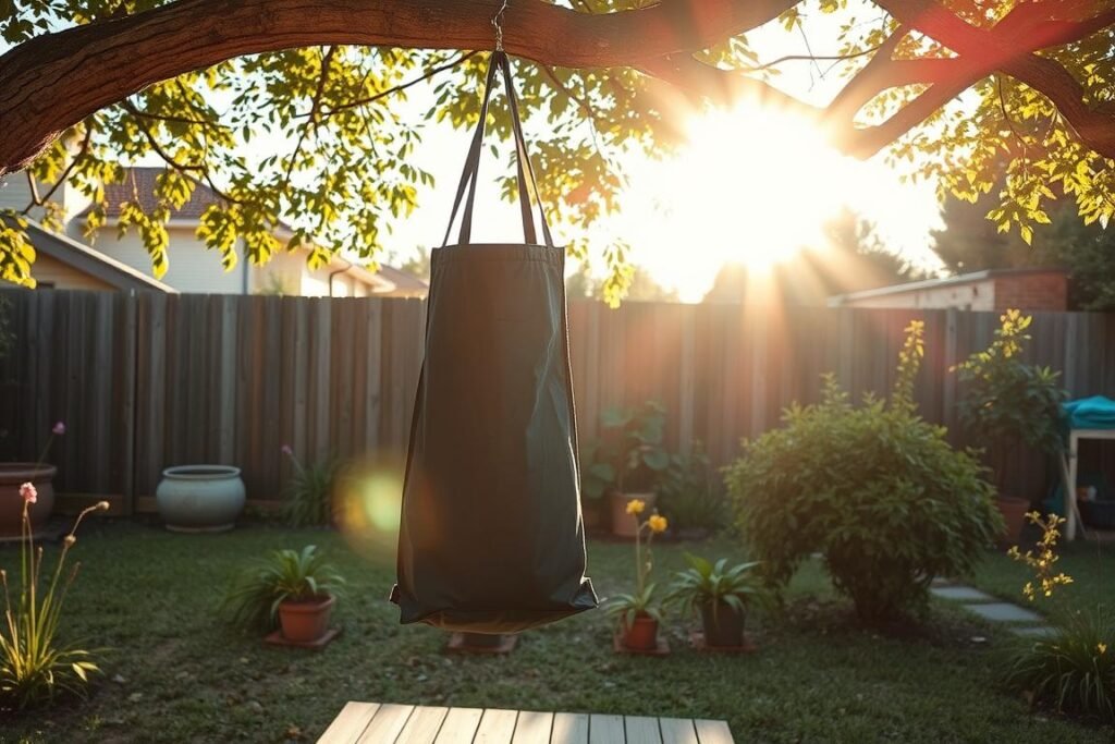 Solar shower bag hanging from tree branch in a backyard setting