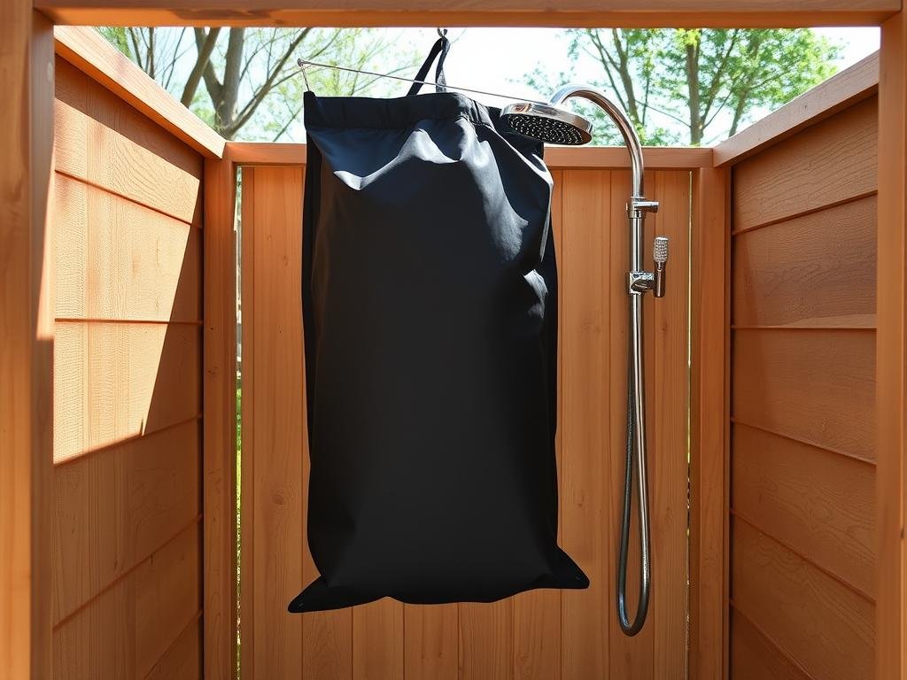Solar shower bag hanging in a simple outdoor shower enclosure Solar shower bag hanging in a simple outdoor shower enclosure