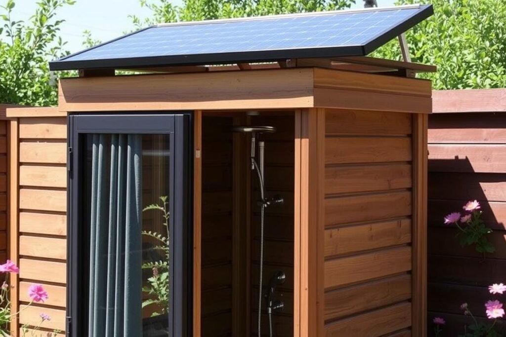 Solar shower with integrated privacy enclosure in garden setting