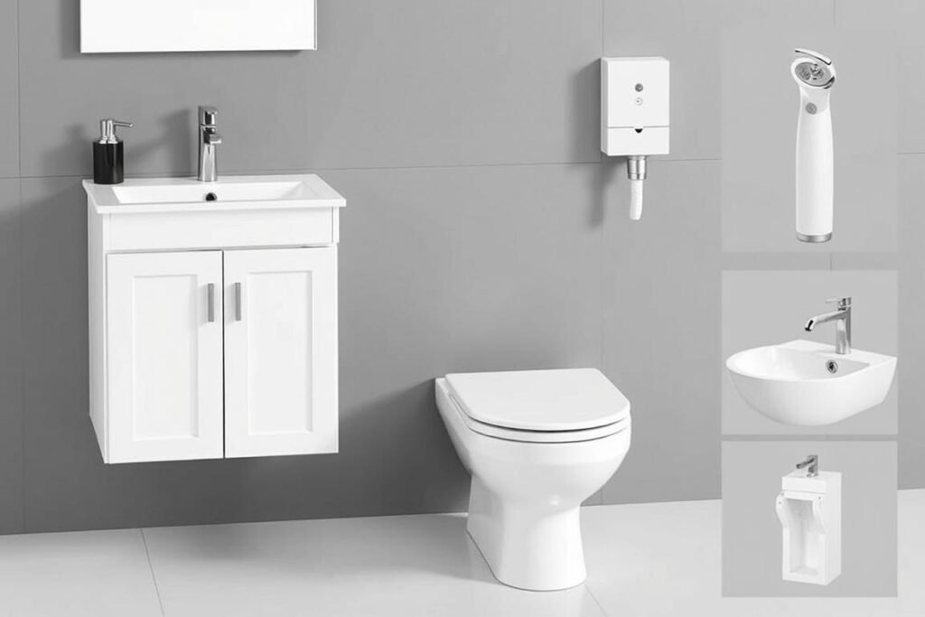 Space-saving bathroom fixtures including compact vanity, wall-mounted toilet, and corner shower Space-saving bathroom fixtures including compact vanity, wall-mounted toilet, and corner shower