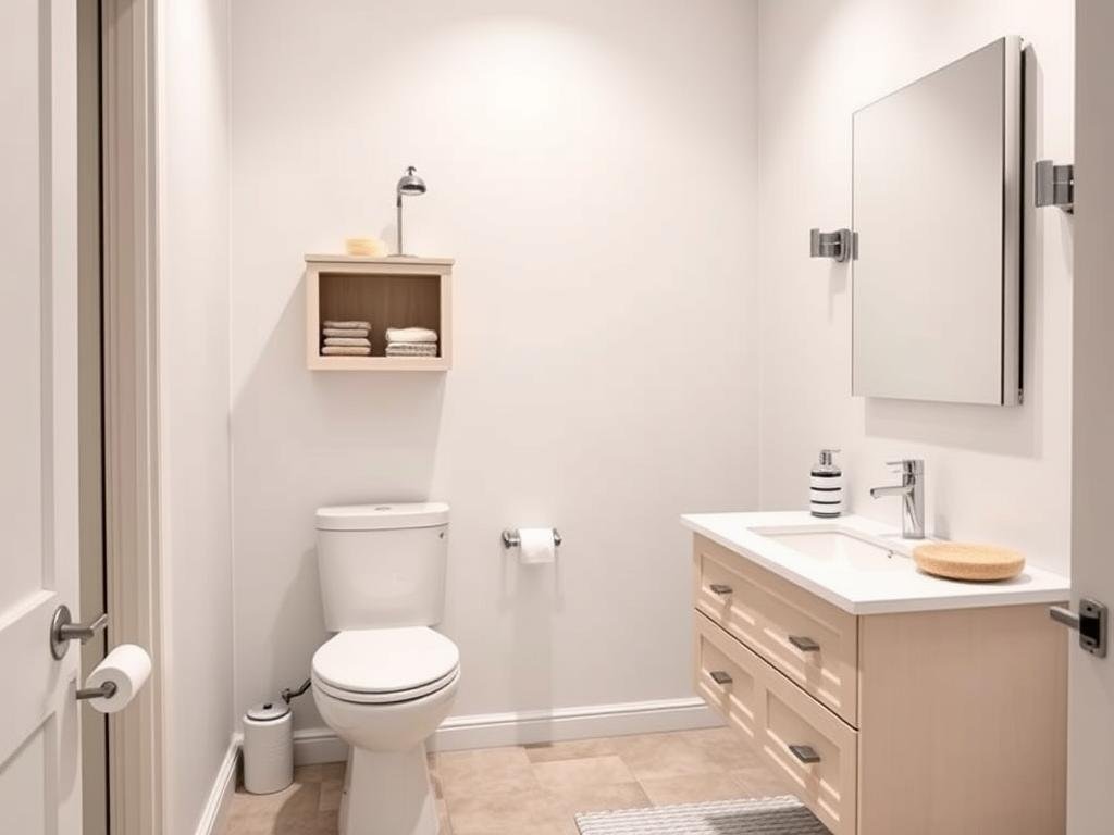 Space-saving storage solutions in a compact master bathroom Space-saving storage solutions in a compact master bathroom