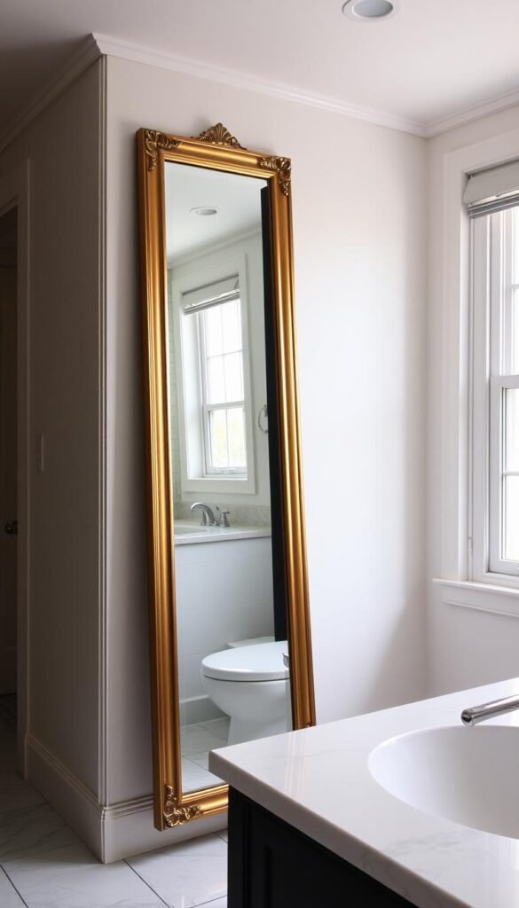Spacious bathroom with a freestanding full-length mirror creating a dressing area Spacious bathroom with a freestanding full-length mirror creating a dressing area