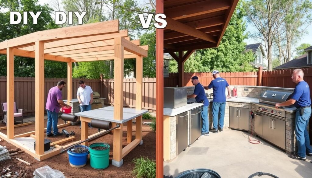 Split image showing DIY outdoor kitchen construction vs professional installation