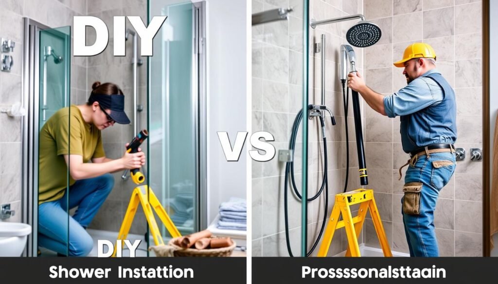 Split image showing DIY shower installation versus professional installation Split image showing DIY shower installation versus professional installation