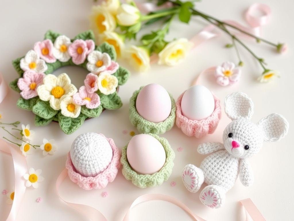 Spring-themed crochet decorations with flowers and Easter elements Spring-themed crochet decorations with flowers and Easter elements