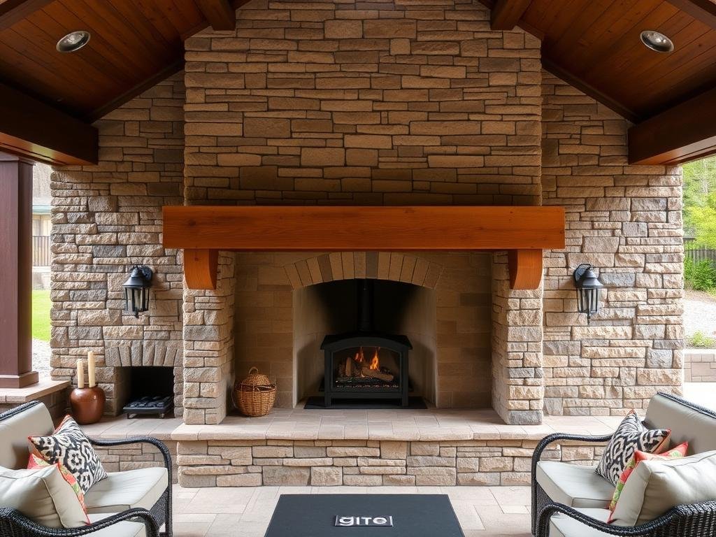Stacked stone outdoor fireplace with wooden mantel on a covered patio