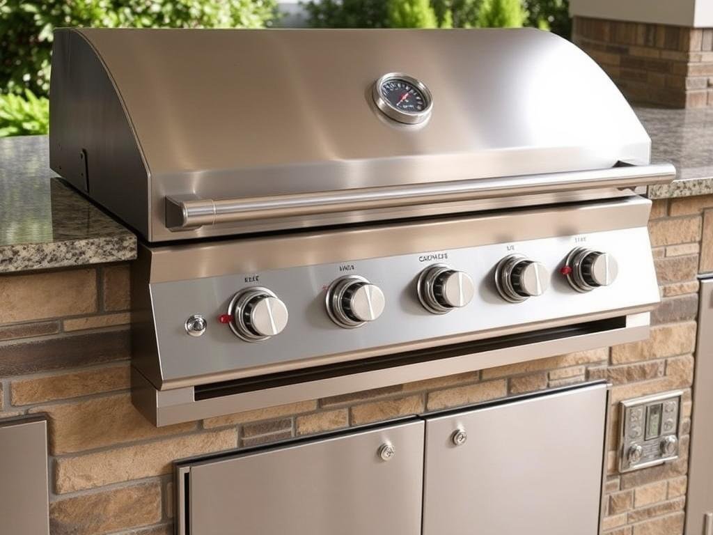 Stainless steel built-in gas grill in outdoor kitchen