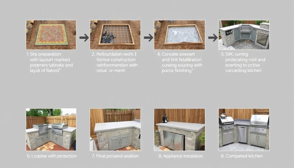 Step-by-step collage showing concrete outdoor kitchen construction process