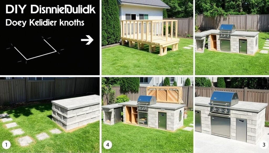 Step-by-step construction of outdoor kitchen showing progress stages Step-by-step construction of outdoor kitchen showing progress stages