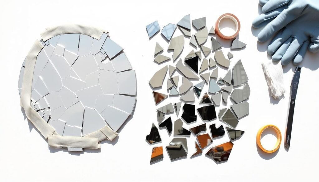 Step-by-step preparation of broken mirror pieces for crafting Step-by-step preparation of broken mirror pieces for crafting