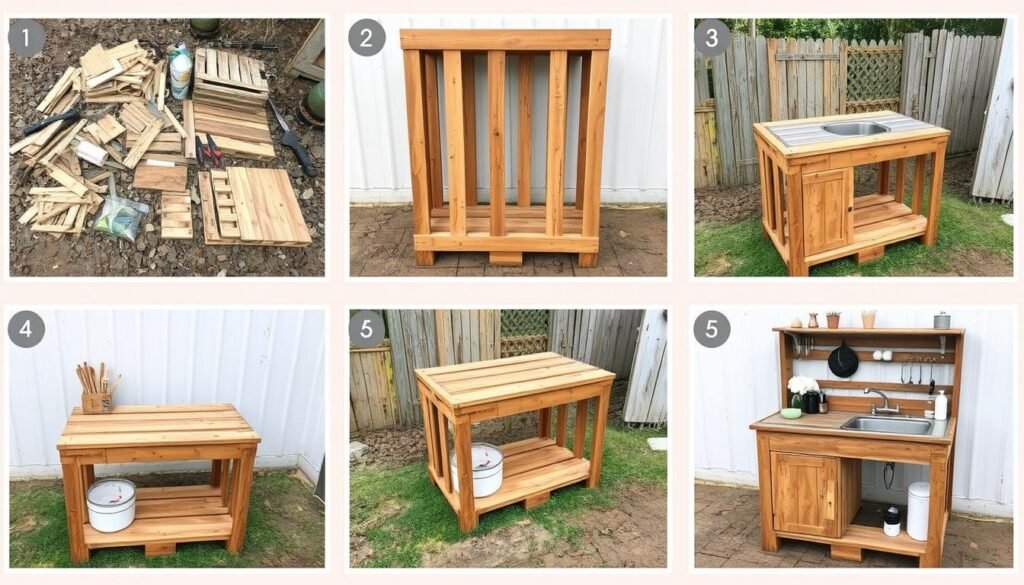 Step-by-step process of building a DIY mud kitchen from pallets Step-by-step process of building a DIY mud kitchen from pallets