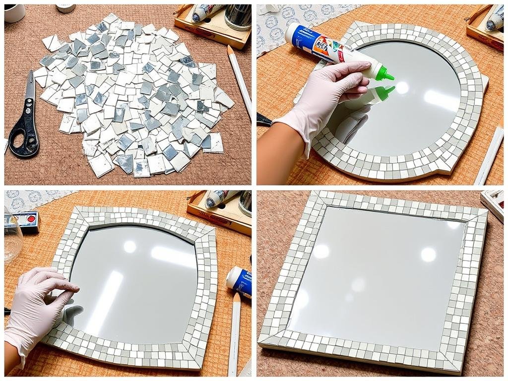 Step-by-step process of creating a mirror mosaic Step-by-step process of creating a mirror mosaic