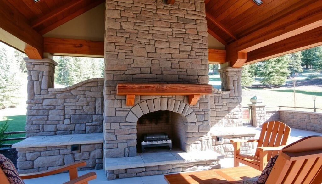 Stone mountain lodge style rustic outdoor fireplace with large hearth