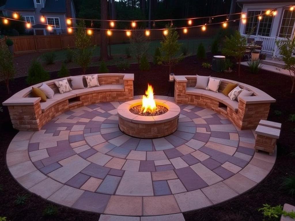 Stone paver outdoor fire pit area with built-in seating and ambient lighting