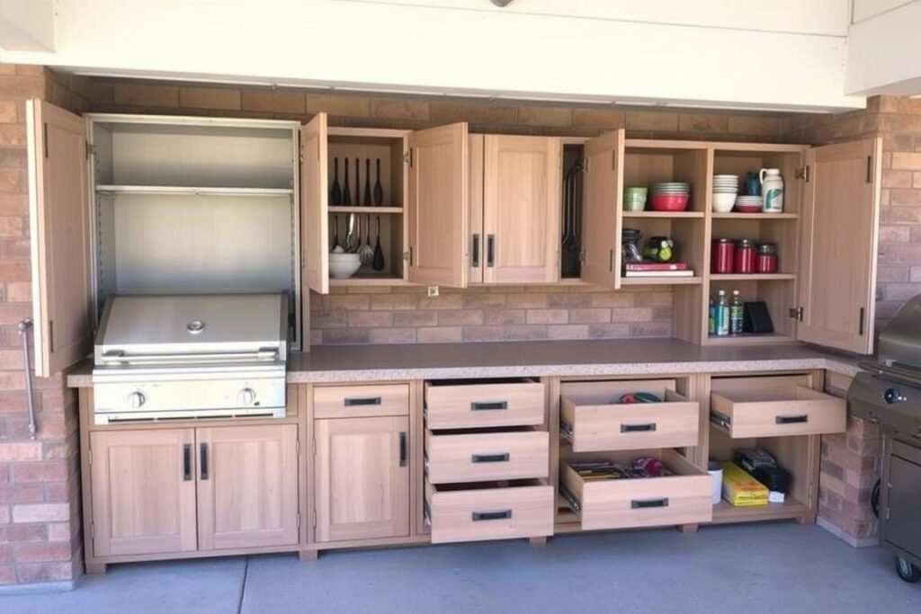 Storage solutions in DIY outdoor kitchen
