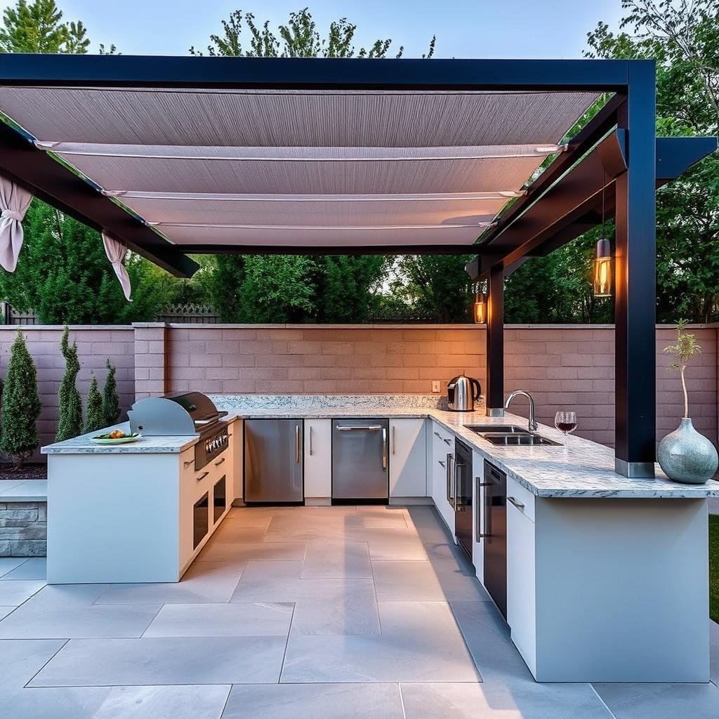 Straight line outdoor kitchen with pergola and bar seating