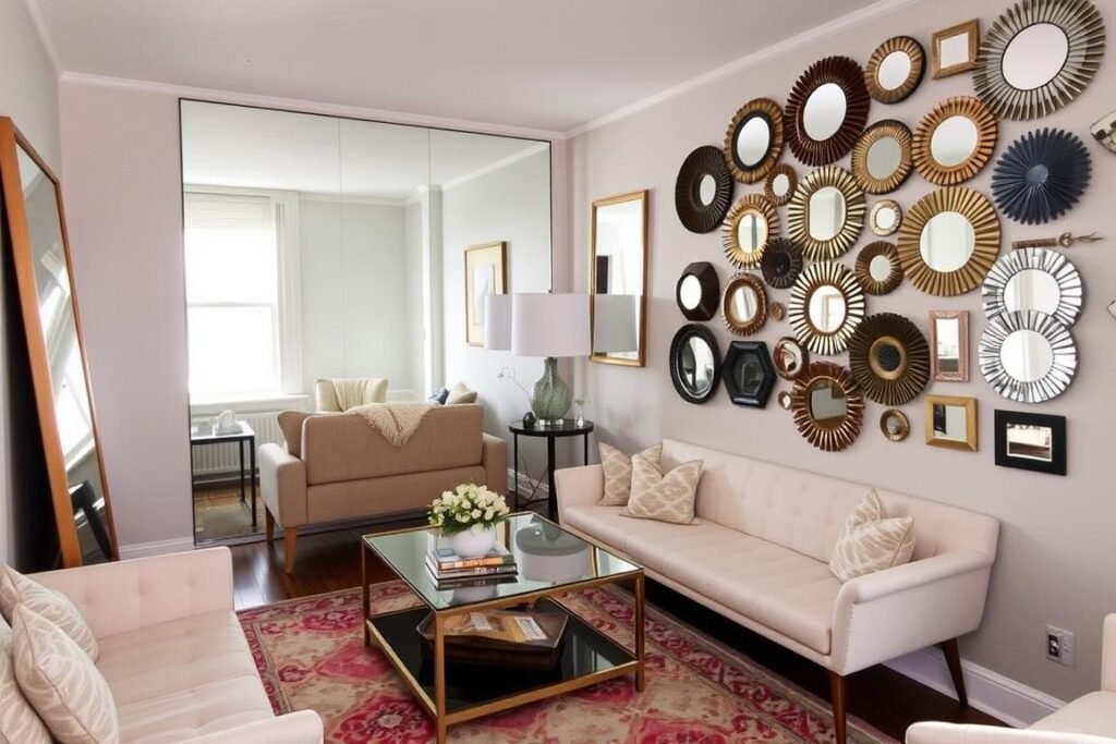 Strategic mirror placement in a small room to create the illusion of more space Strategic mirror placement in a small room to create the illusion of more space