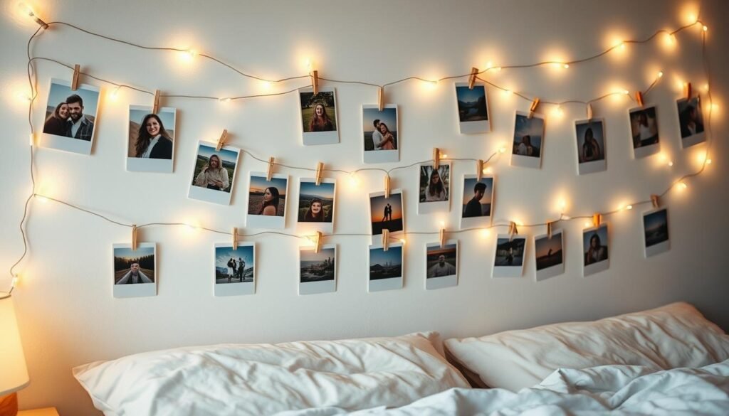 String light photo display with polaroid-style photos clipped to fairy lights, easy diy room decor for bedrooms String light photo display with polaroid-style photos clipped to fairy lights, easy diy room decor for bedrooms