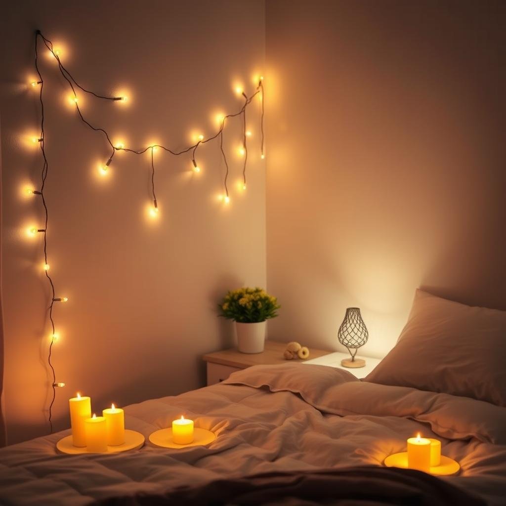 String lights and candles creating atmospheric room decor bedroom glow String lights and candles creating atmospheric room decor bedroom glow