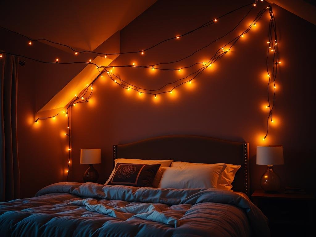 String lights creating a cozy bedroom atmosphere String lights creating a cozy bedroom atmosphere