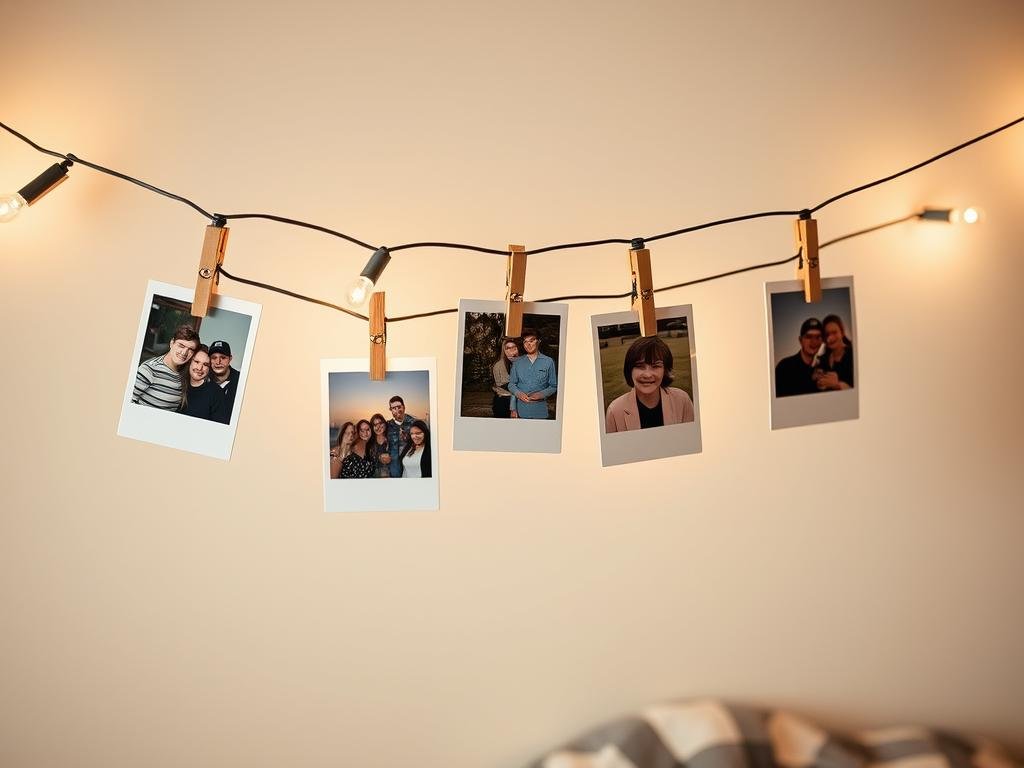 String lights with photos clipped to them hanging on a bedroom wall String lights with photos clipped to them hanging on a bedroom wall